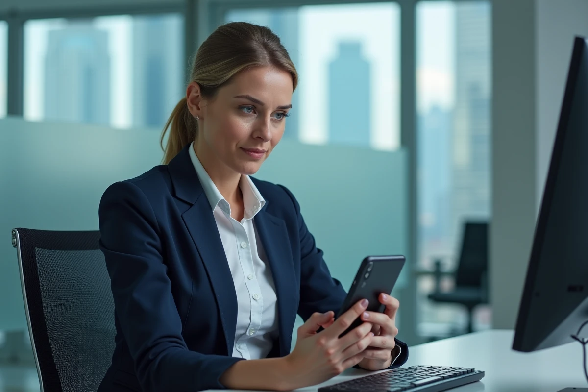 Femme professionnelle consultant l'application Bourse Direct sur son smartphone dans un bureau moderne