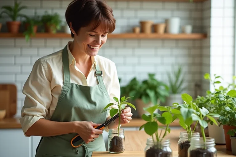 Femme qui effectue une bouture de pothos avec des ciseaux propres sur un plan de travail en bois dans une cuisine lumineuse