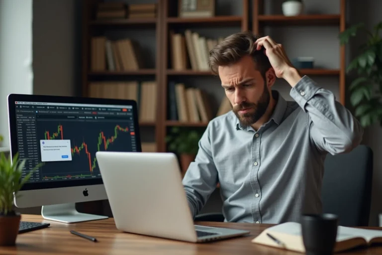 Homme frustré devant un message d'erreur sur un site de bourse en ligne depuis son bureau à domicile