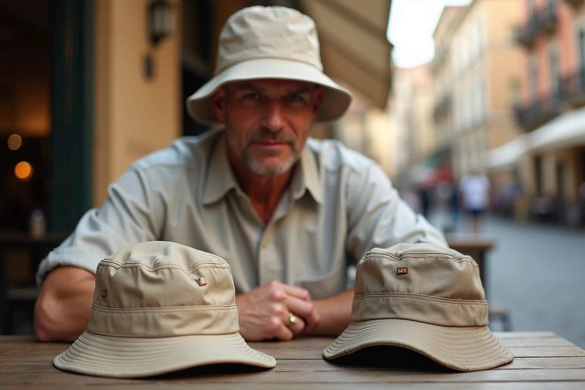 Homme chauve en terrasse comparant plusieurs casquettes de protection solaire pour trouver la meilleure option