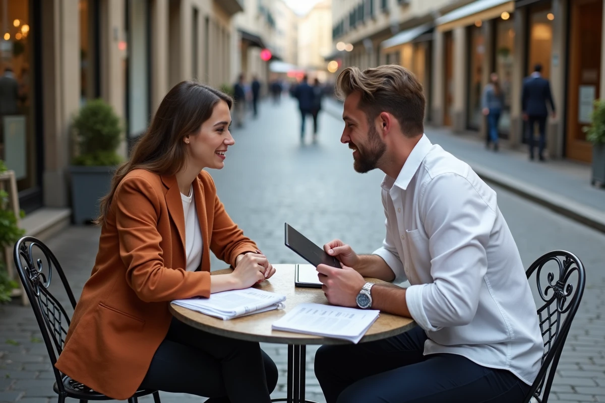 Deux jeunes entrepreneurs collaborant sur leur stratégie de business en ligne autour d'un café en terrasse urbaine