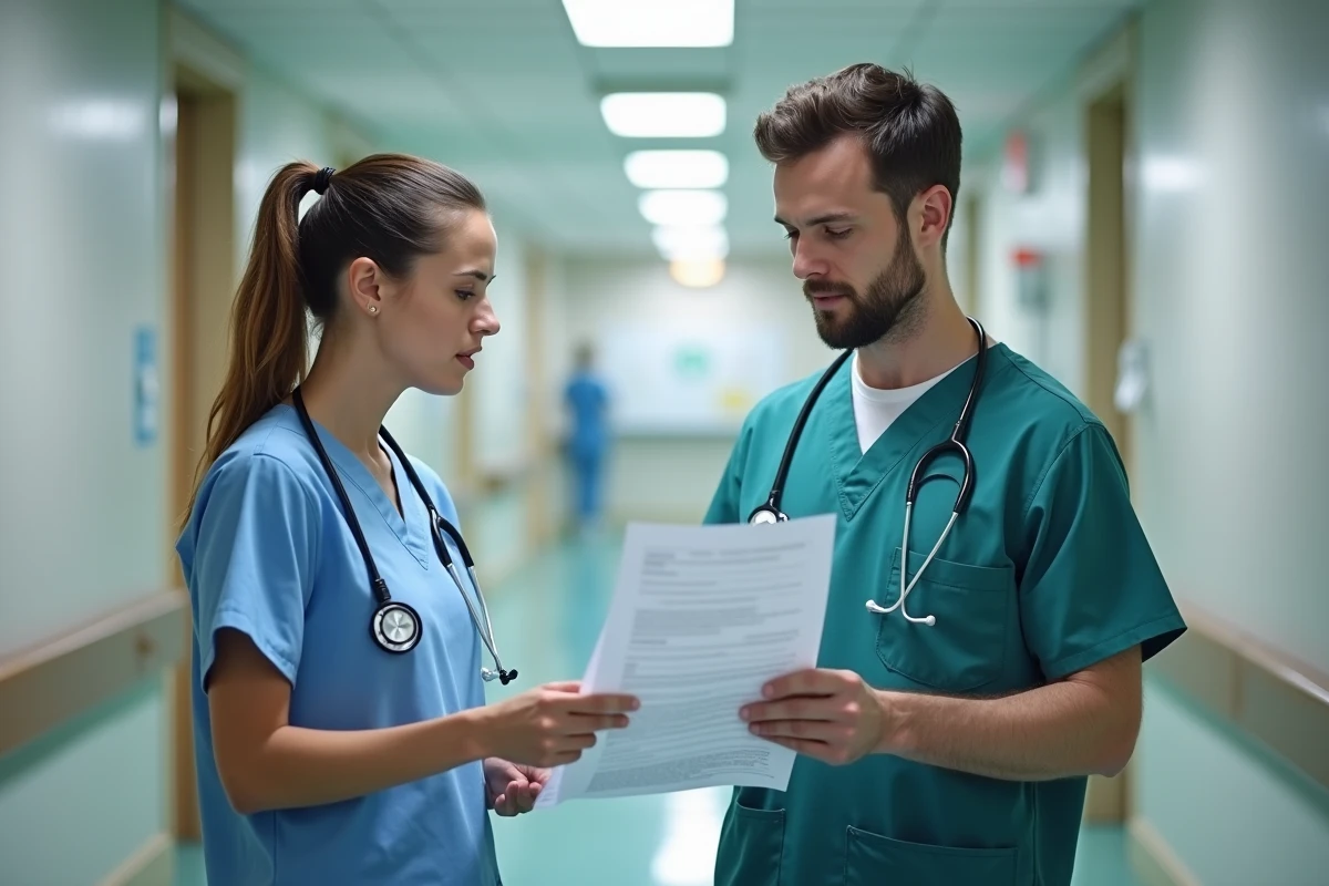 Deux professionnels de santé homme et femme collaborant dans un couloir d'hôpital moderne