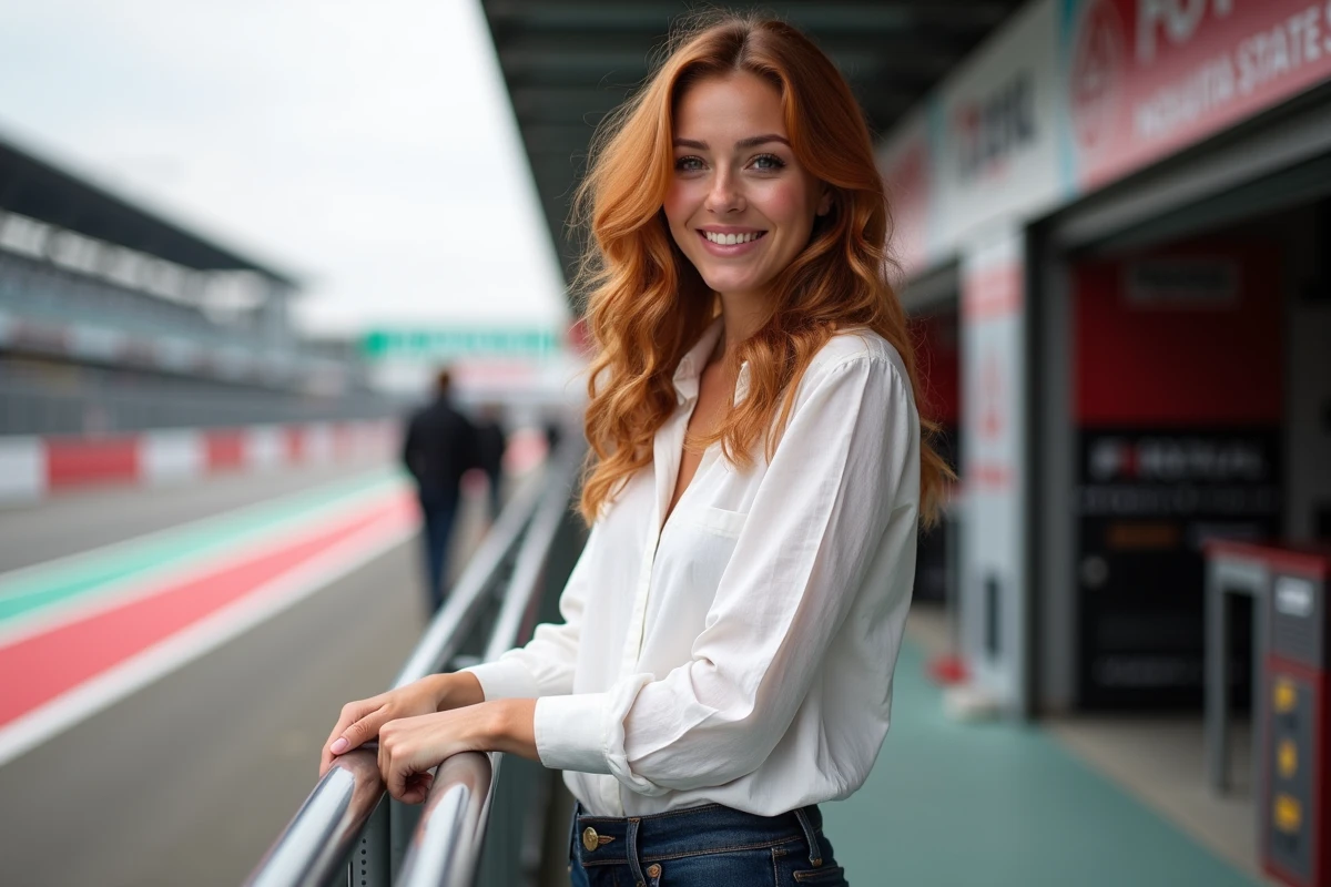 Femme souriante dans les coulisses d'un paddock de course moto, ambiance sport mécanique