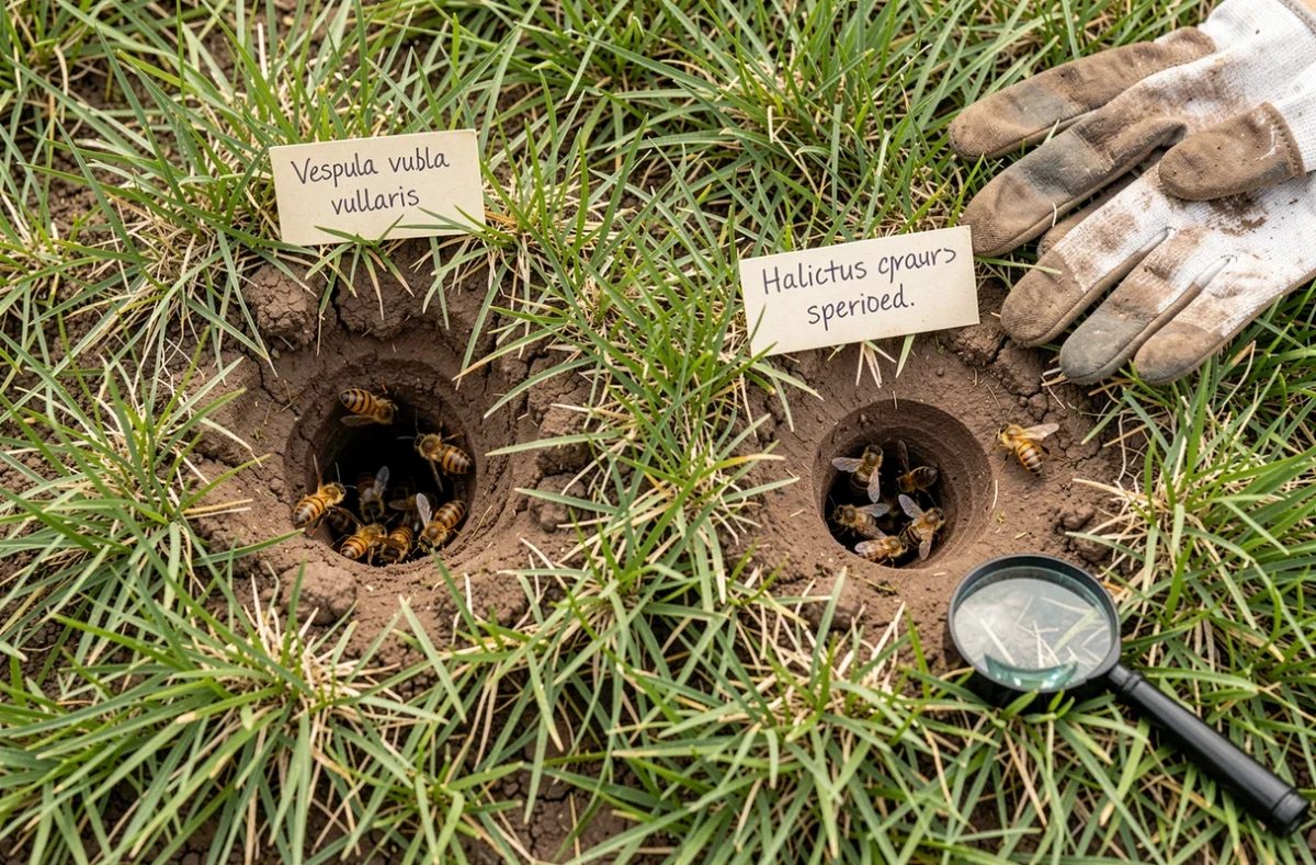 Comparaison entre un nid d'abeilles et un nid de guêpes dans le sol d'un jardin
