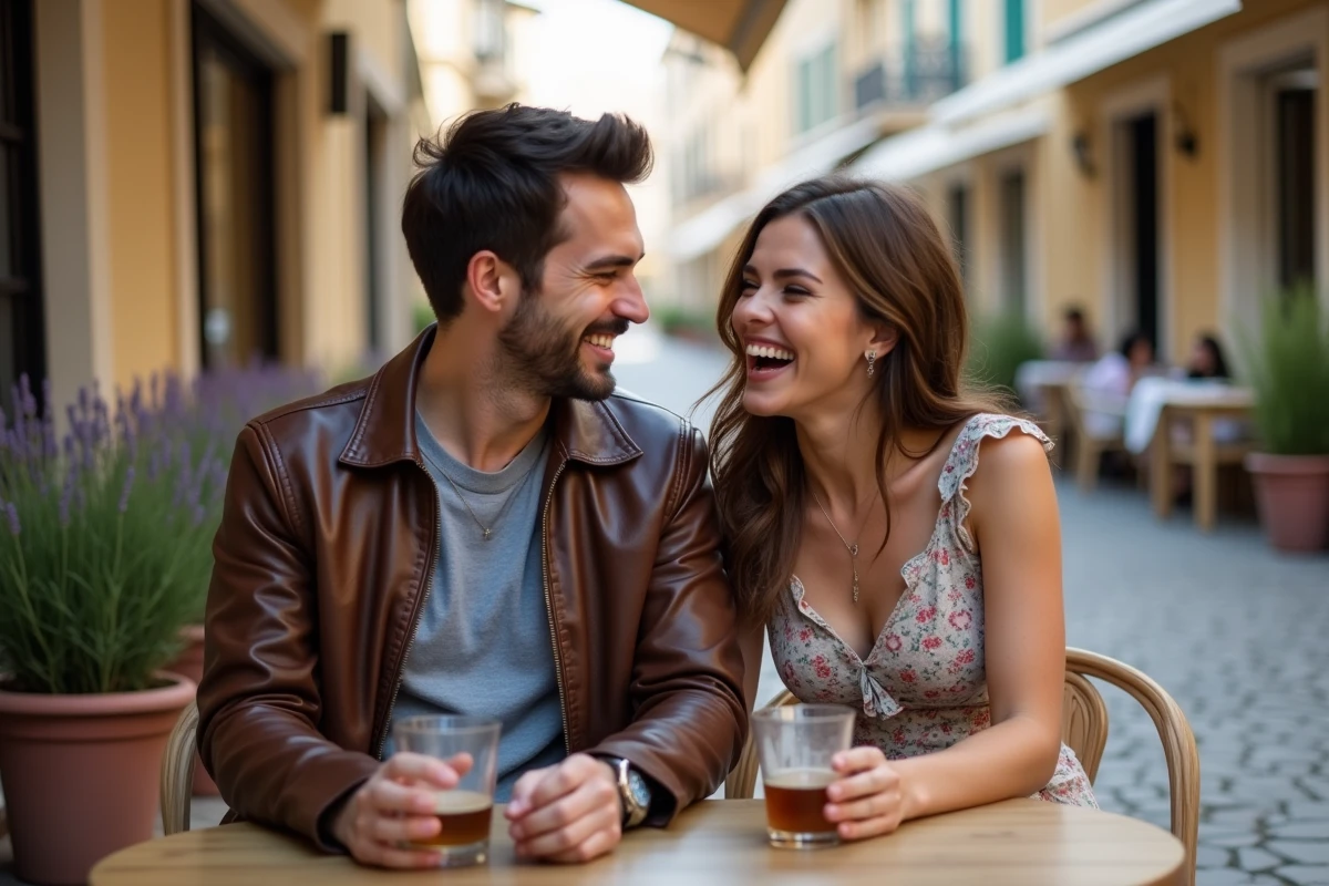 Couple complice attablé en terrasse de café dans le sud de la France, ambiance chaleureuse et décontractée