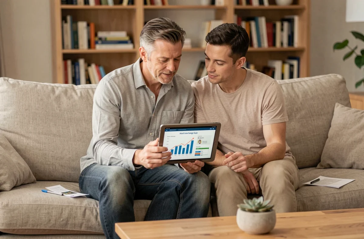 Couple discutant de leurs économies et objectifs financiers ensemble sur un canapé avec une tablette