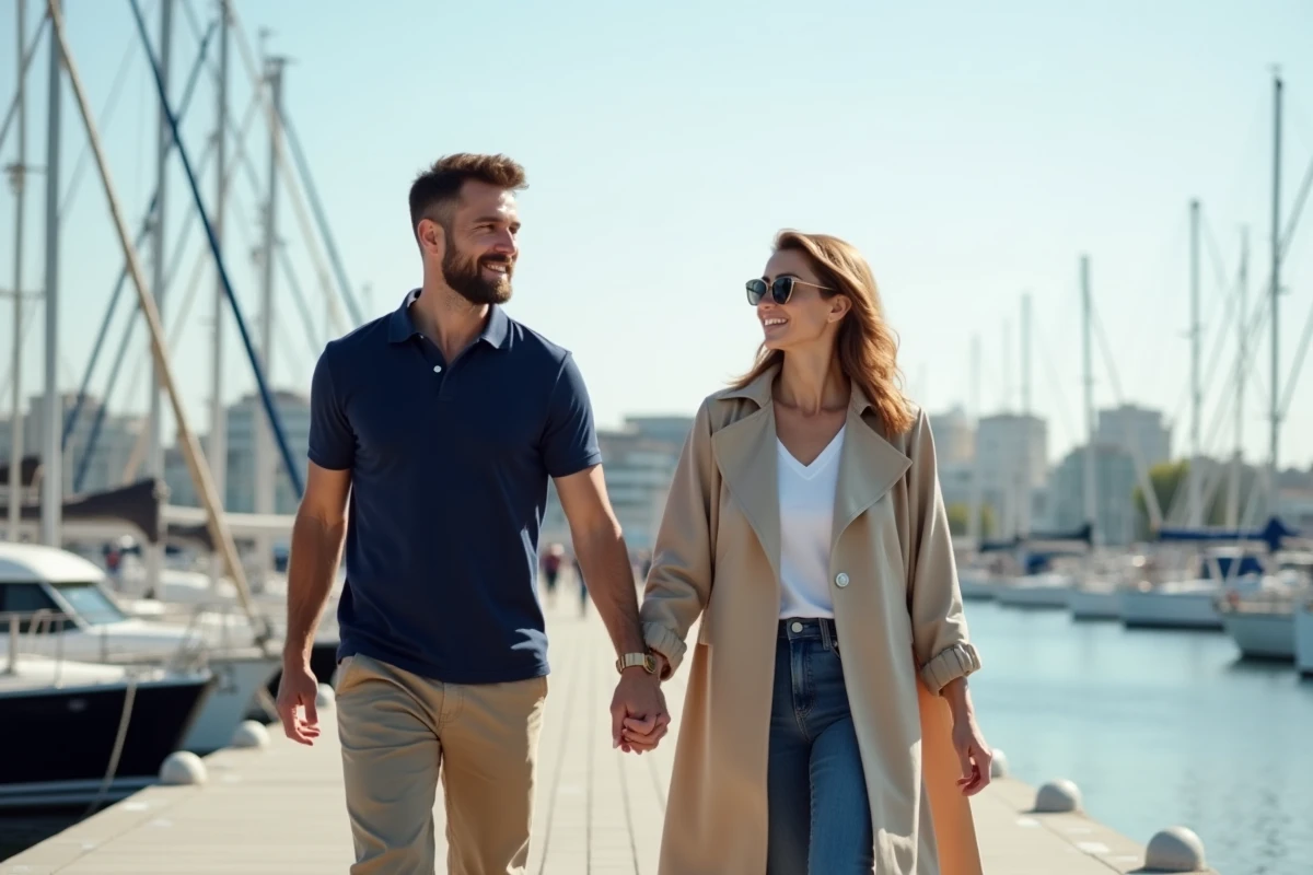 Couple se promenant main dans la main le long d'une marina ensoleillée, atmosphère légère et romantique
