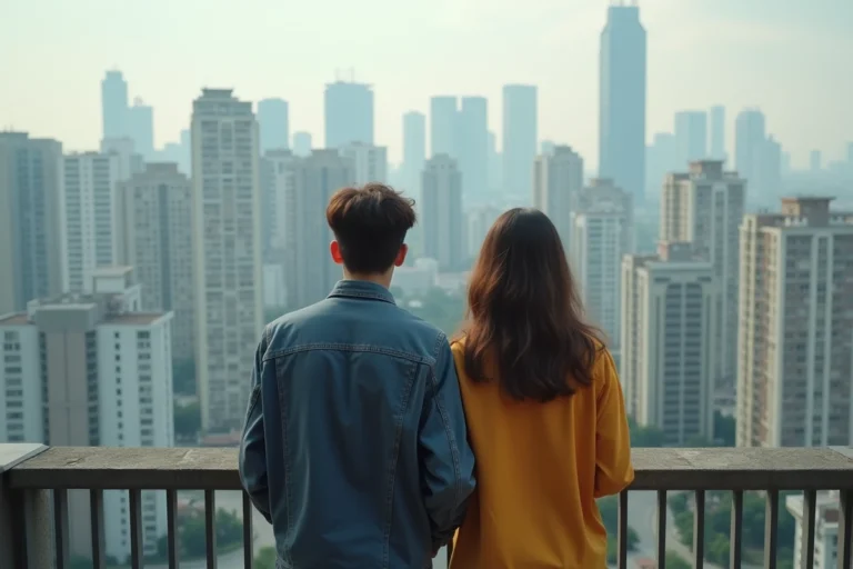 Jeune couple regardant la ville depuis un balcon urbain