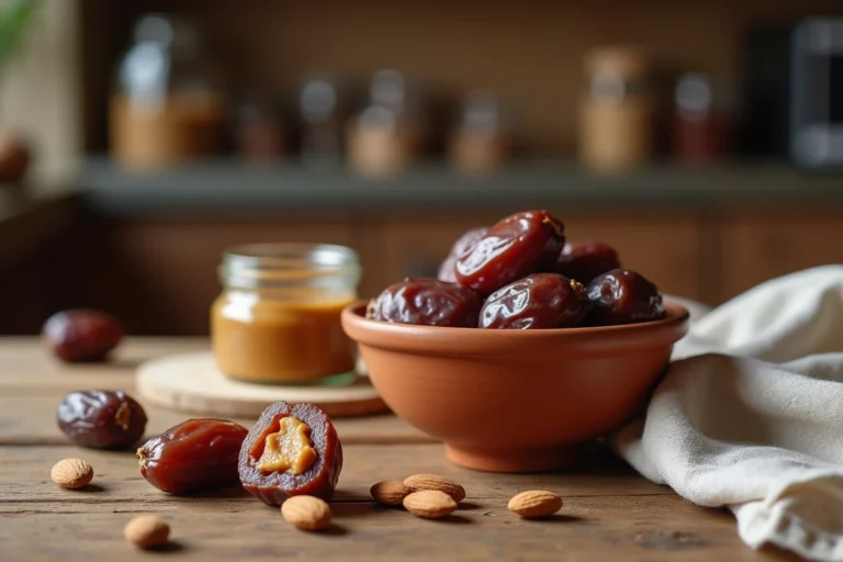 Bol en terre cuite rempli de dattes Medjool sur un comptoir en bois rustique avec du beurre d'amande et des amandes entières pour une recette savoureuse