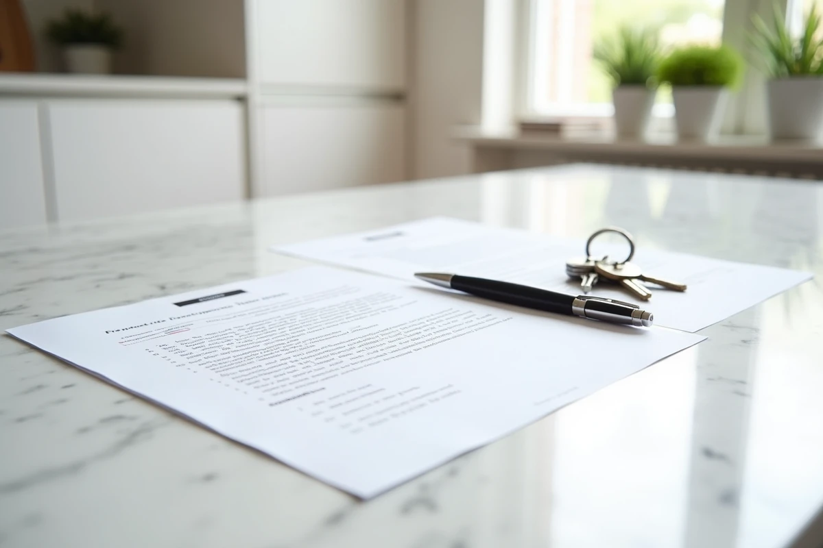 Deux contrats de bail de location posés sur une table en marbre avec des clés d'appartement et des documents d'identité