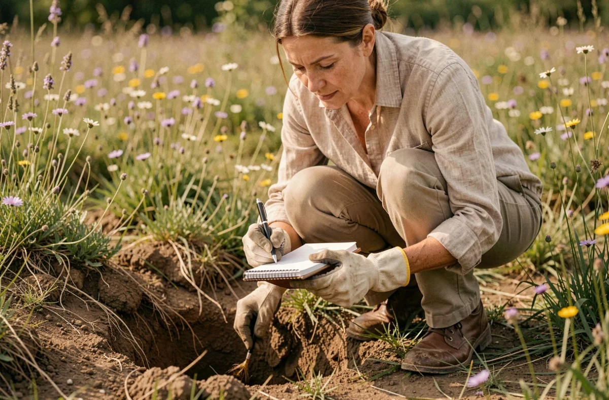 Entomologiste observant un nid d'abeilles souterrain dans une prairie fleurie