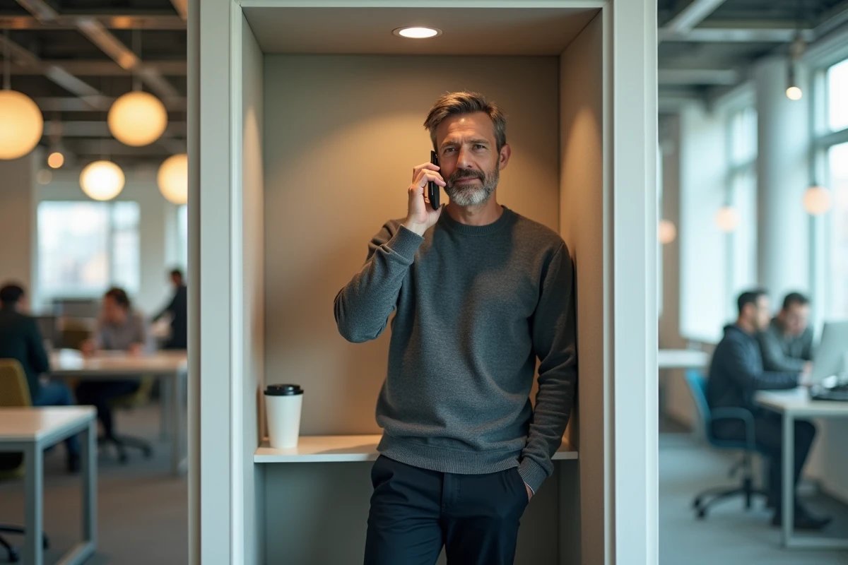 Entrepreneur en appel téléphonique dans une cabine acoustique privée au sein du campus Station F à Paris