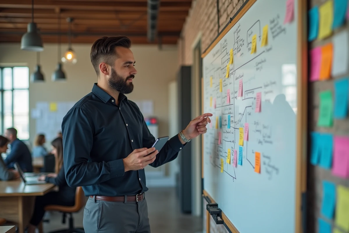 Entrepreneur masculin planifiant sa stratégie de développement de business en ligne sur un tableau blanc dans un espace de coworking
