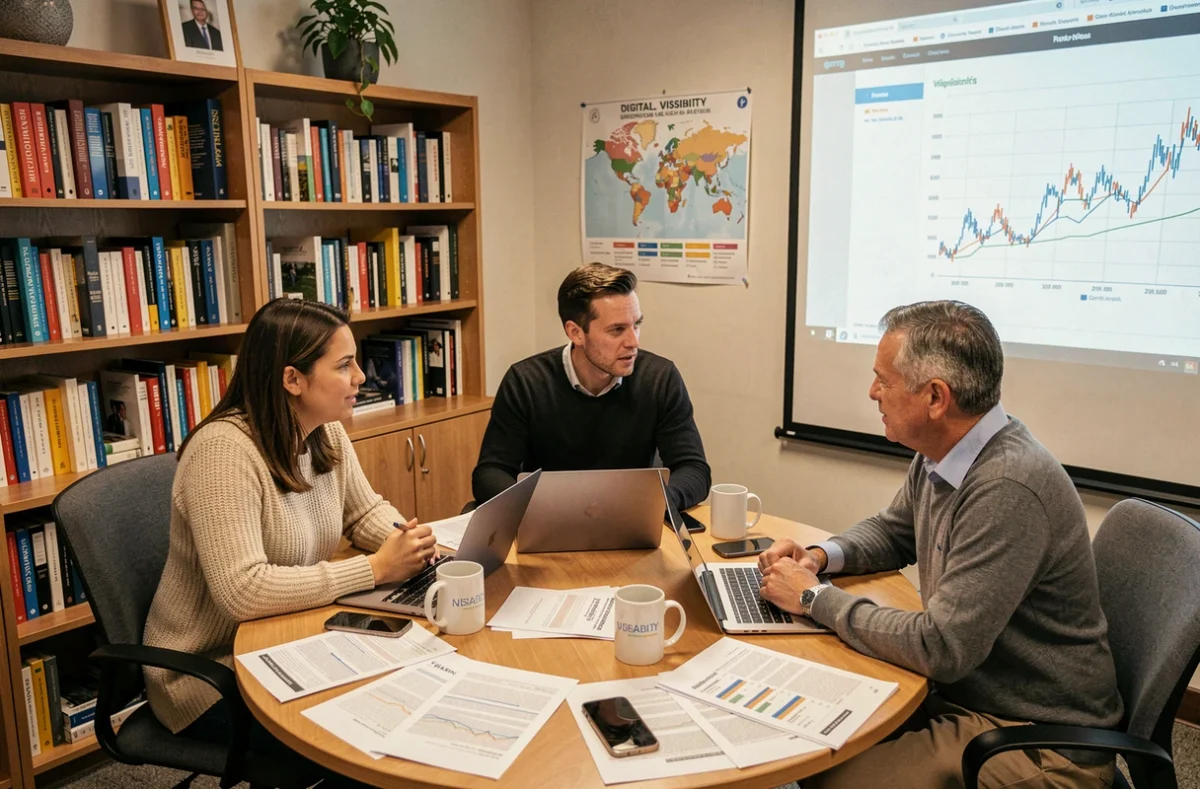 Équipe de professionnels en agence de webmarketing collaborant autour d'une stratégie de visibilité digitale et d'analyse de trafic web