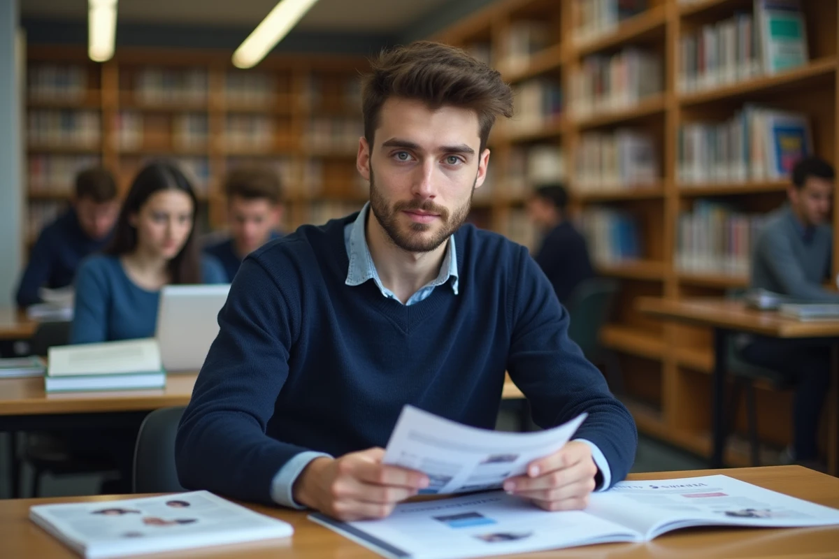 Étudiant en BTS ou licence pro santé consultant des brochures de formation en parapharmacie dans une bibliothèque universitaire