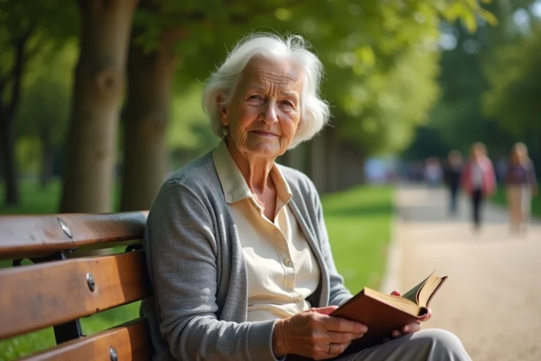 Femme âgée de 80 ans assise sur un banc dans un parc parisien, illustrant la longévité en France
