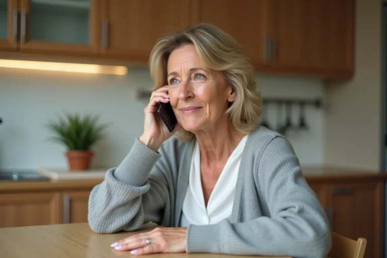 Femme appelant le numéro 3900 depuis son téléphone portable dans une cuisine moderne
