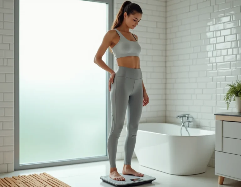 Femme mesurant son poids sur une balance numérique dans une salle de bain moderne et épurée