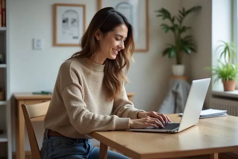 Femme assise à une table en train de naviguer sur un site de petites annonces