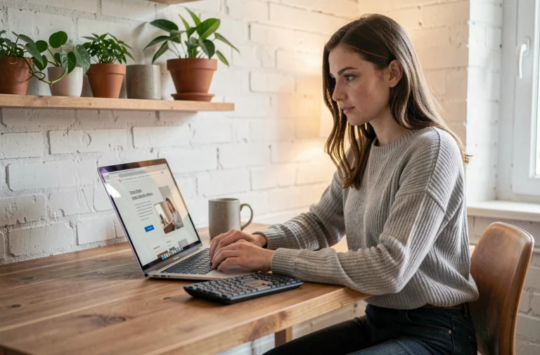 Jeune femme consultant le site Marcellin sur un ordinateur portable dans un bureau à domicile moderne