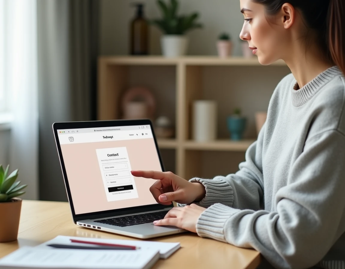 Jeune femme contactant une équipe beauté en ligne depuis son domicile