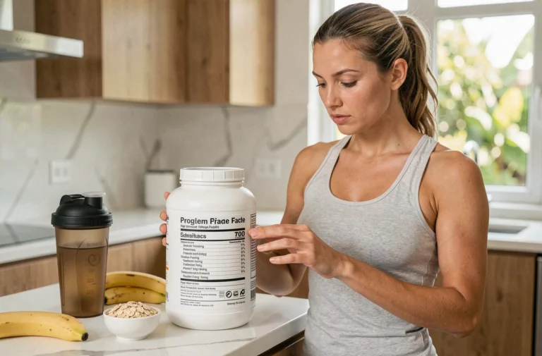 Femme athlétique lisant l'étiquette nutritionnelle d'une protéine en poudre dans une cuisine moderne