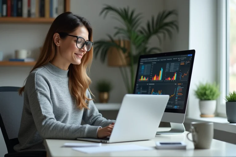 Femme entrepreneur analysant les performances de son business en ligne sur un ordinateur portable dans un bureau minimaliste