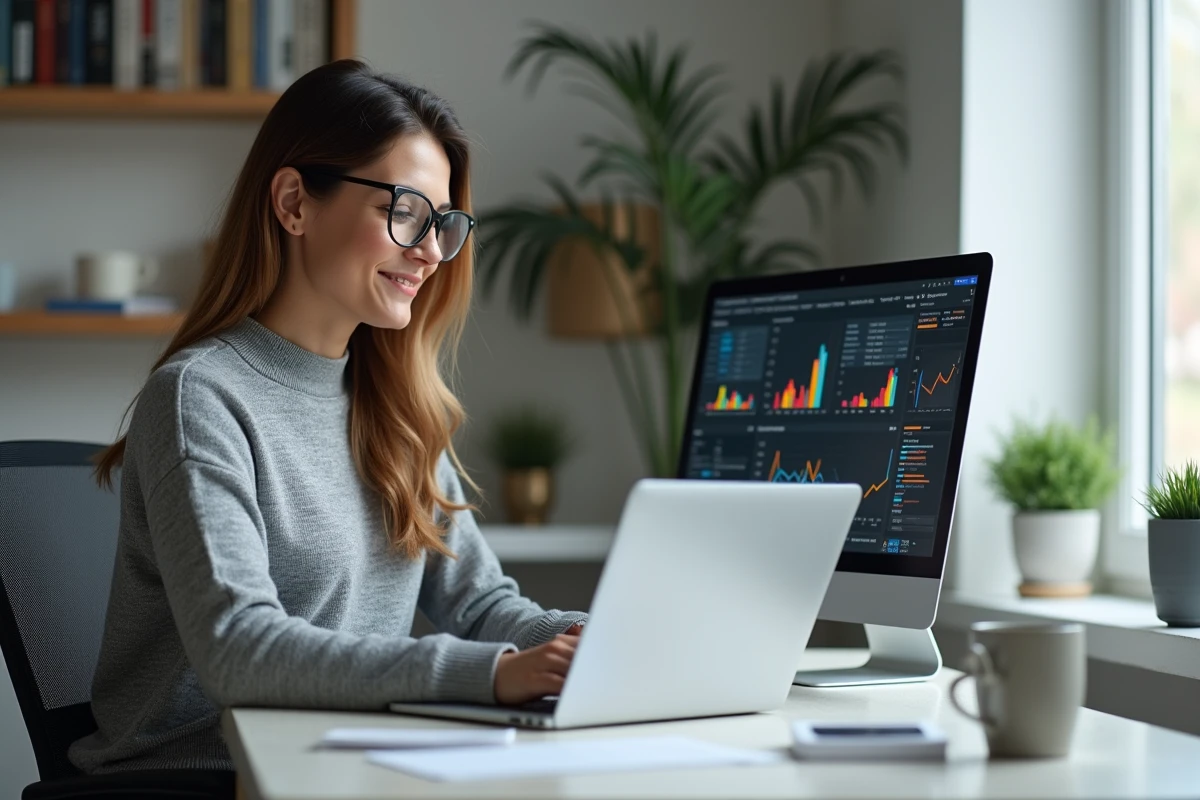 Femme entrepreneur analysant les performances de son business en ligne sur un ordinateur portable dans un bureau minimaliste