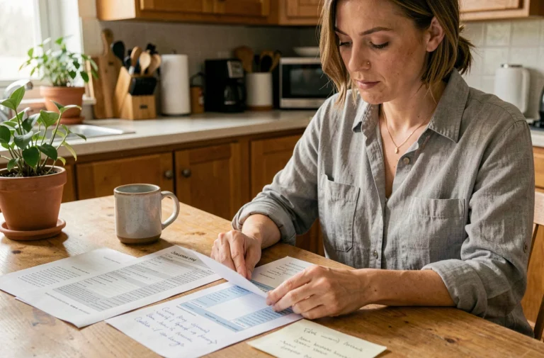 Femme gérant son budget personnel à la table de cuisine avec des feuilles de calcul et des notes manuscrites