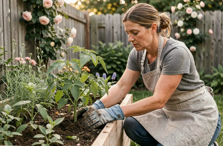 Femme jardinant dans un potager surélevé en bois, plantant des tomates et des herbes aromatiques dans son jardin