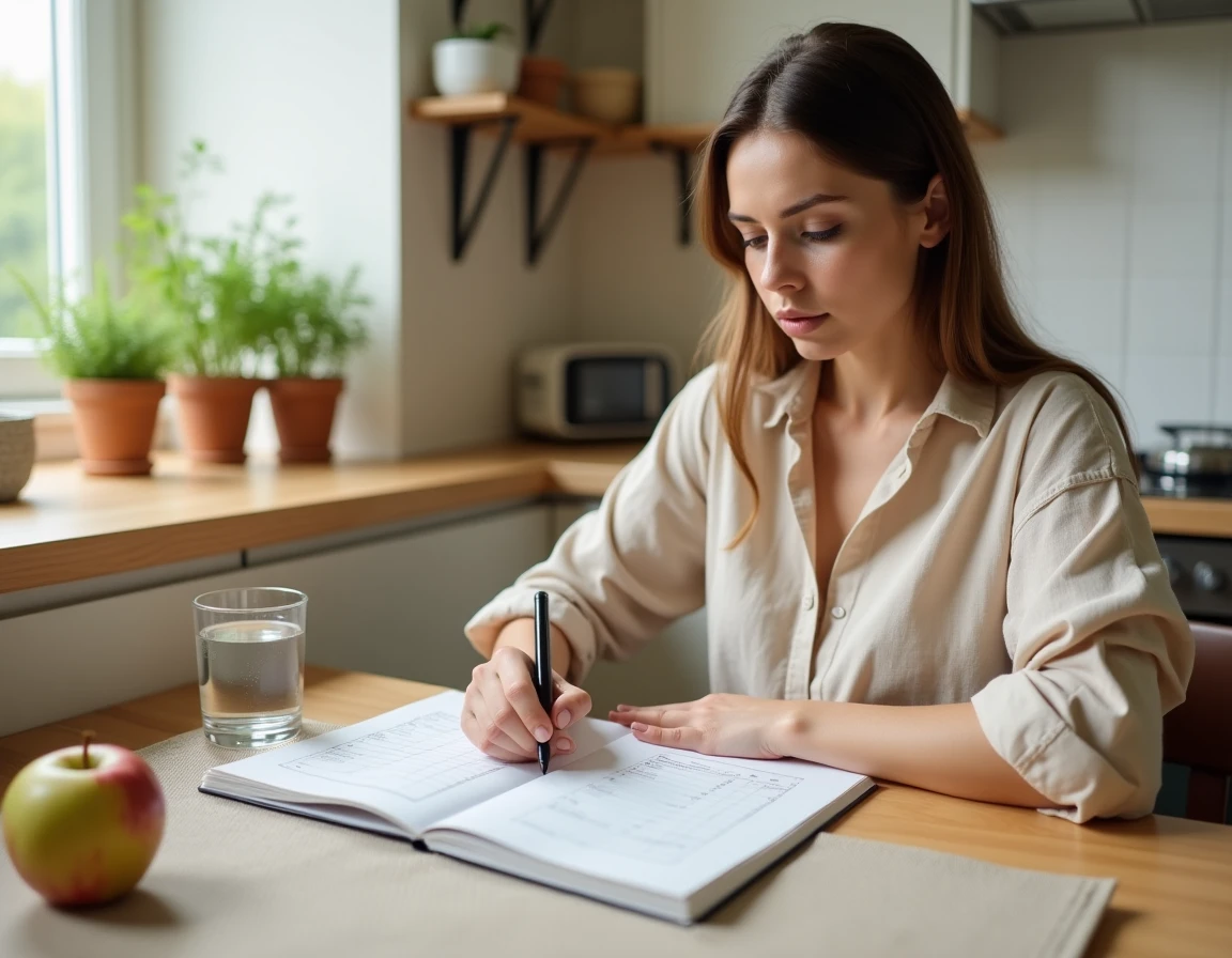Femme consultant un journal de bien-être et un tableau d'indice de masse corporelle dans une cuisine moderne