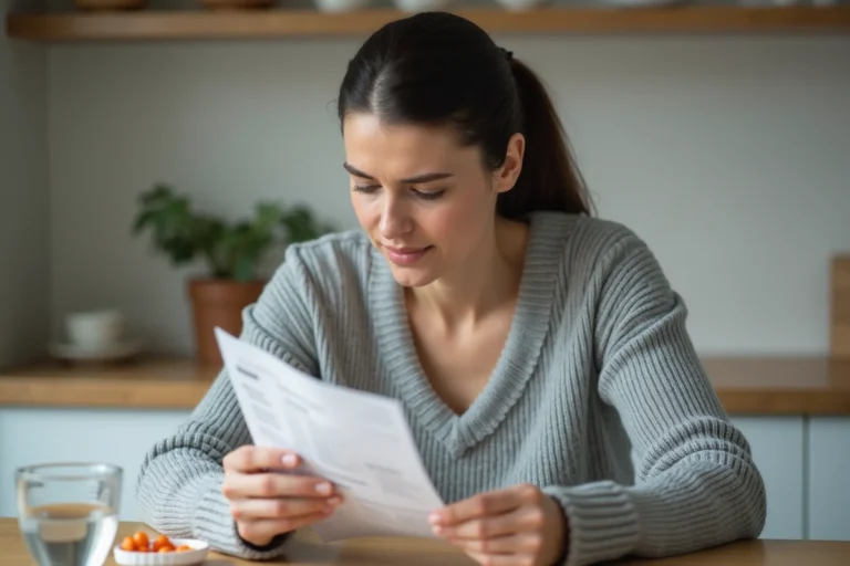 Femme lisant une notice de médicament Stresam à une table de cuisine, illustrant la prise de médicament anxiolytique et la gestion du dosage
