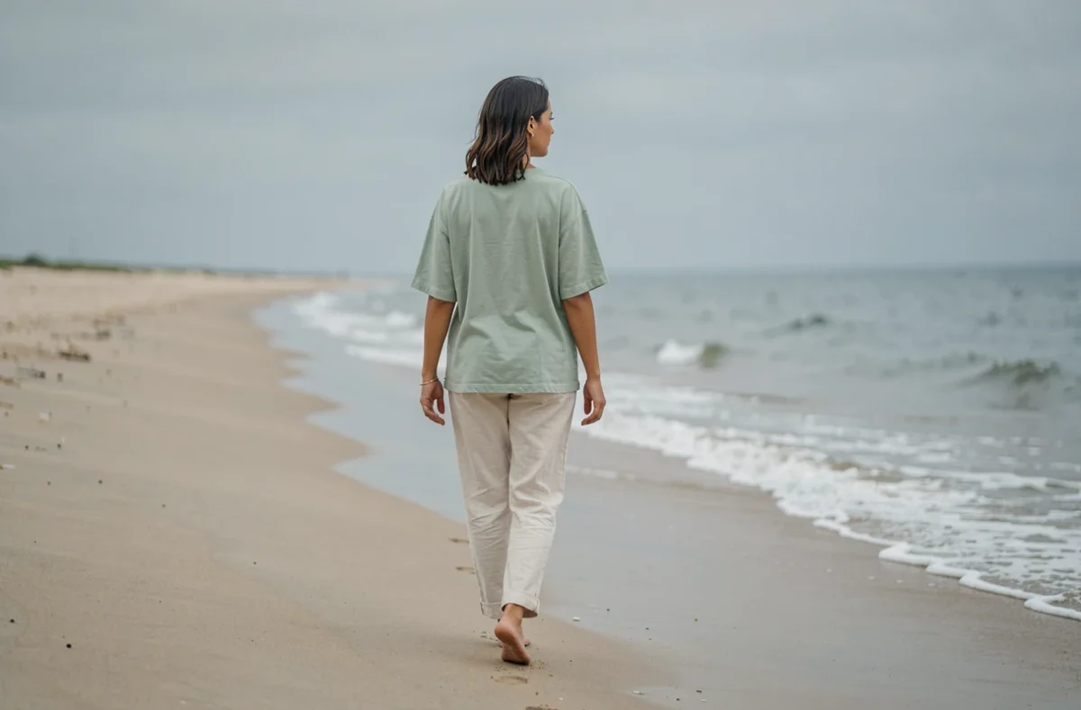 Femme marchant seule sur une plage de sable lors d'une promenade méditative pour le bien-être et la sérénité