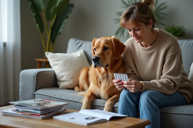 Femme préoccupée avec son chien et médicaments