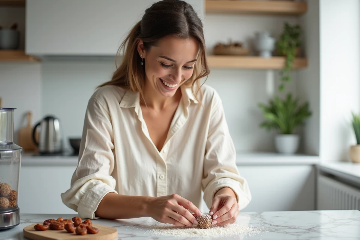Jeune femme préparant des boules d'énergie aux dattes et aux noix dans une cuisine moderne avec un plan de travail en marbre