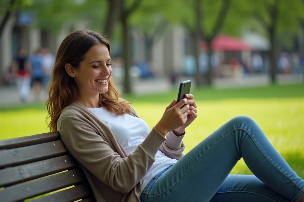 Femme détendue regardant un live sport sur smartphone dans un parc