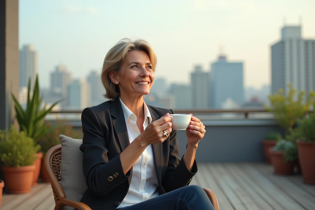 Femme détendue buvant thé sur terrasse urbaine