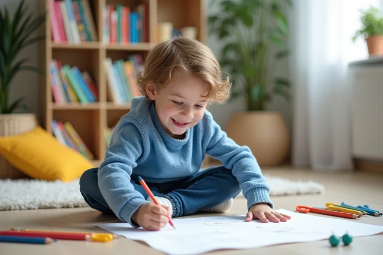 Garçon souriant dessinant dans un salon lumineux