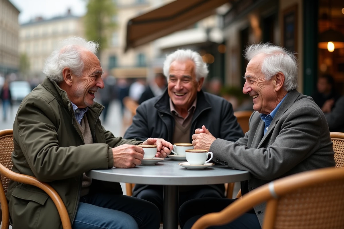Groupe de personnes âgées partageant un café en terrasse à Paris, symbolisant la longévité et le vieillissement actif en France
