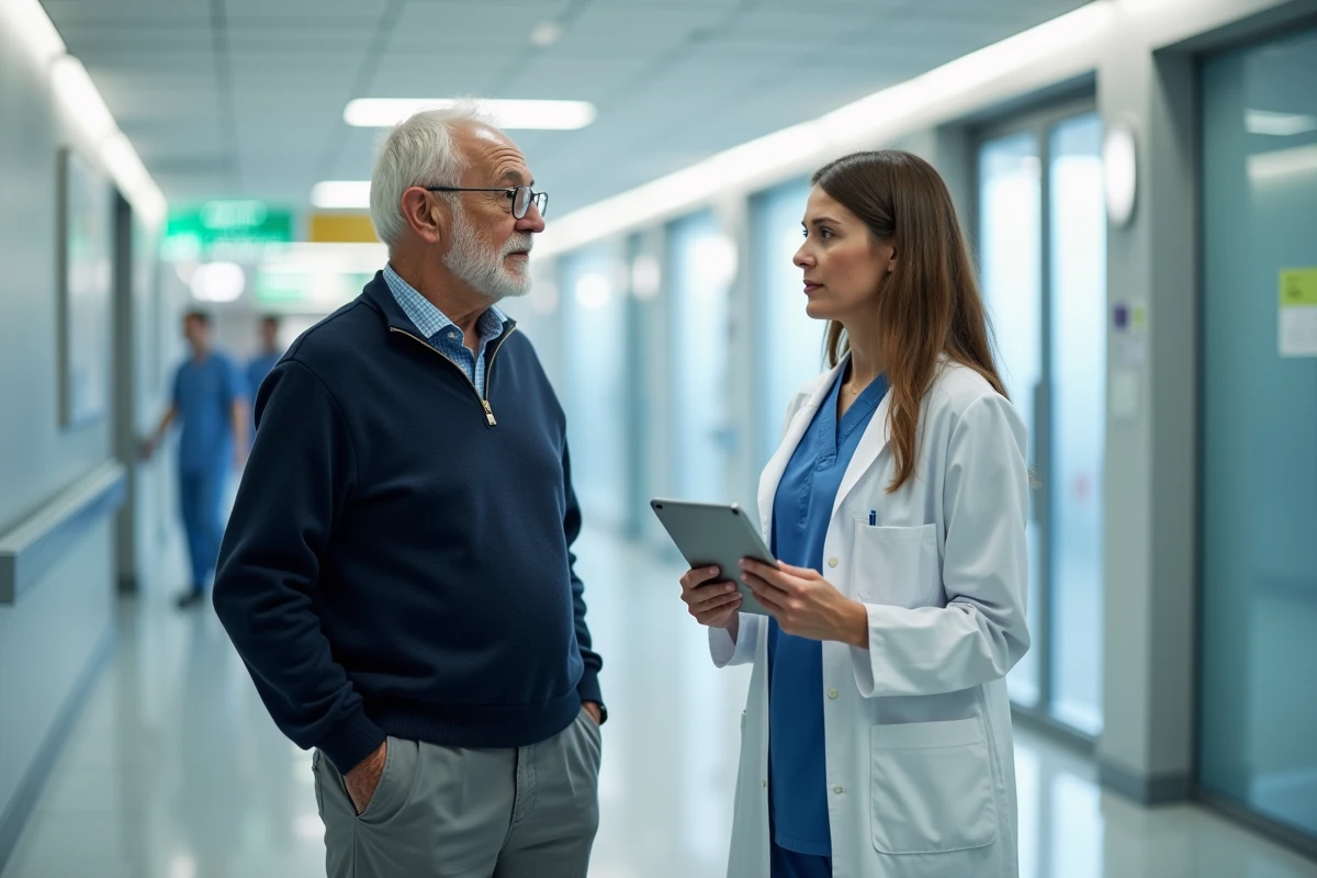Homme âgé de 80 ans en consultation médicale dans un hôpital français moderne, illustrant les soins de santé et l'espérance de vie en France