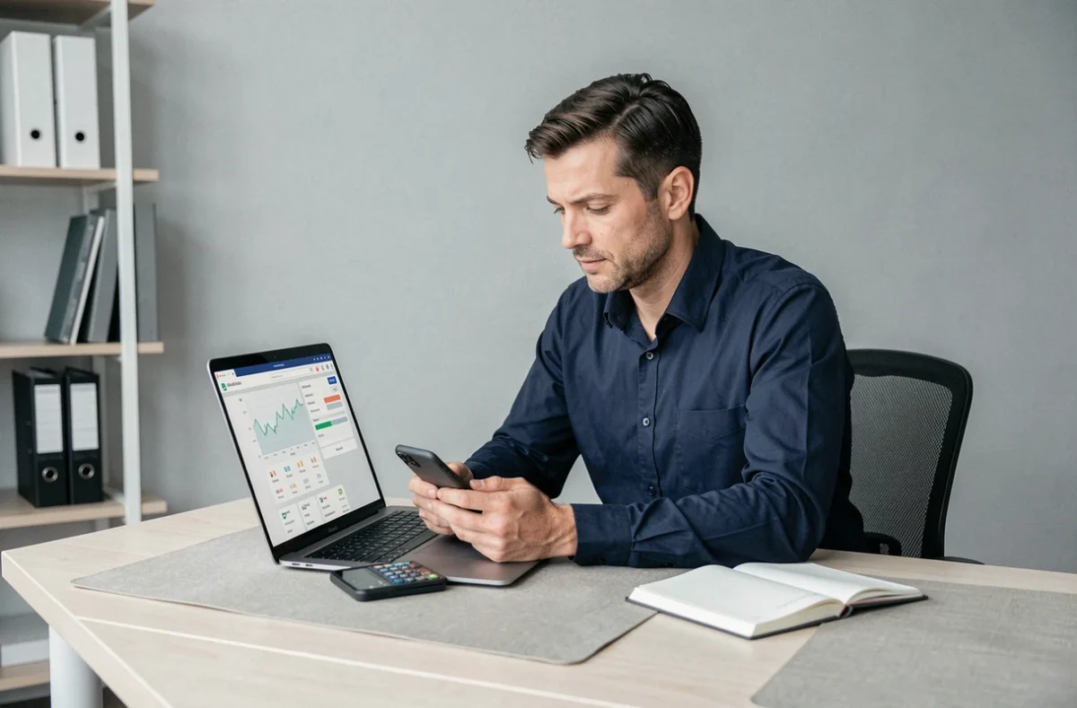 Homme consultant une application de finances personnelles sur ordinateur portable dans un bureau à domicile moderne