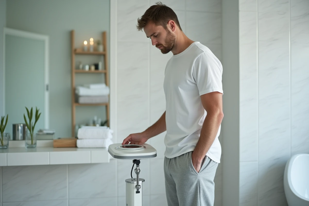 Homme se pesant sur une balance dans une salle de bain, évoquant la surveillance du poids lors d'un traitement médicamenteux comme le Stresam