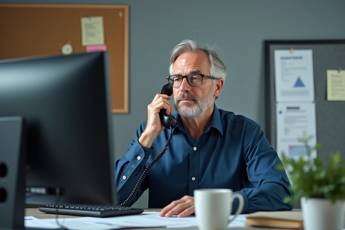 Homme utilisant le téléphone fixe au bureau pour contacter un service gouvernemental numéro 3900