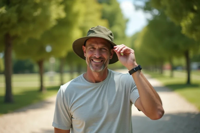Homme chauve portant une casquette à large bord en coton olive pour se protéger du soleil en extérieur
