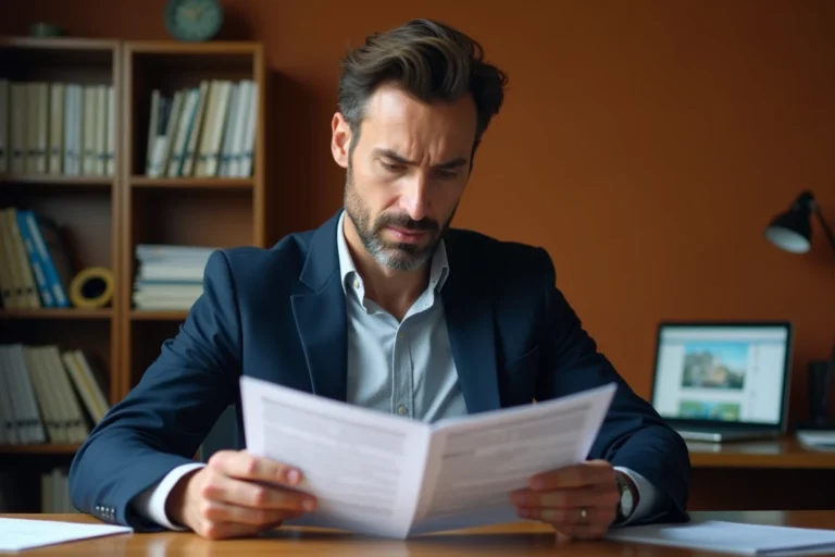 Homme comparant deux contrats de bail de location posés sur un bureau en bois dans un bureau à domicile