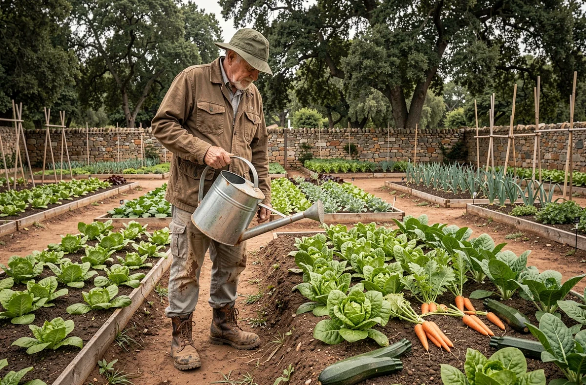 Homme entretenant un grand potager avec un arrosoir, entre rangées de légumes et mur en pierre