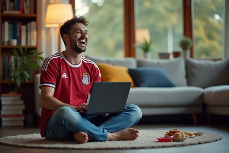Jeune homme regardant un match sur ordinateur dans le salon