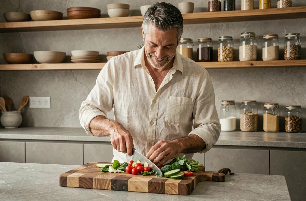 Homme préparant un repas sain et coloré dans une cuisine moderne dans le cadre d'une routine de bien-être quotidien
