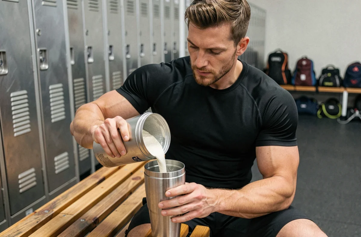 Homme musclé préparant une shaker de protéine en poudre dans un vestiaire de salle de sport