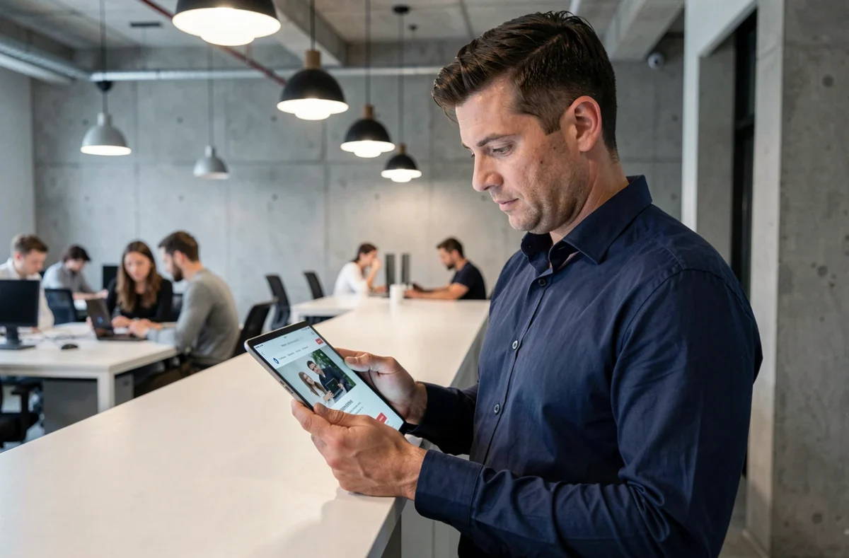 Homme d'affaires explorant les fonctionnalités du site Marcellin sur une tablette dans un espace de coworking